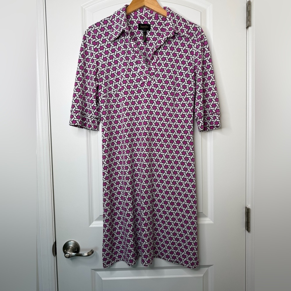 Laundry By Shelli Segal Pink and White Geometric Long Sleeve Dress Spring